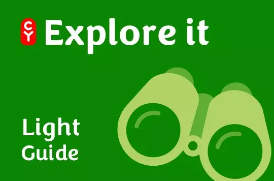 Explore it written above green binoculars on a green background.