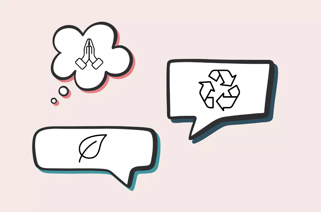 Three speech bubbles, each with icons in them. One has praying hands, one the recycling sign and the other a leaf.