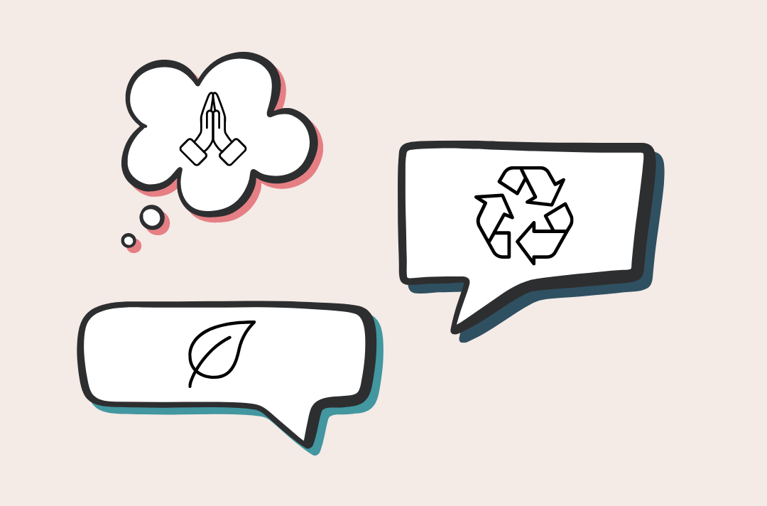 Three speech bubbles, each with icons in them. One has praying hands, one the recycling sign and the other a leaf.
