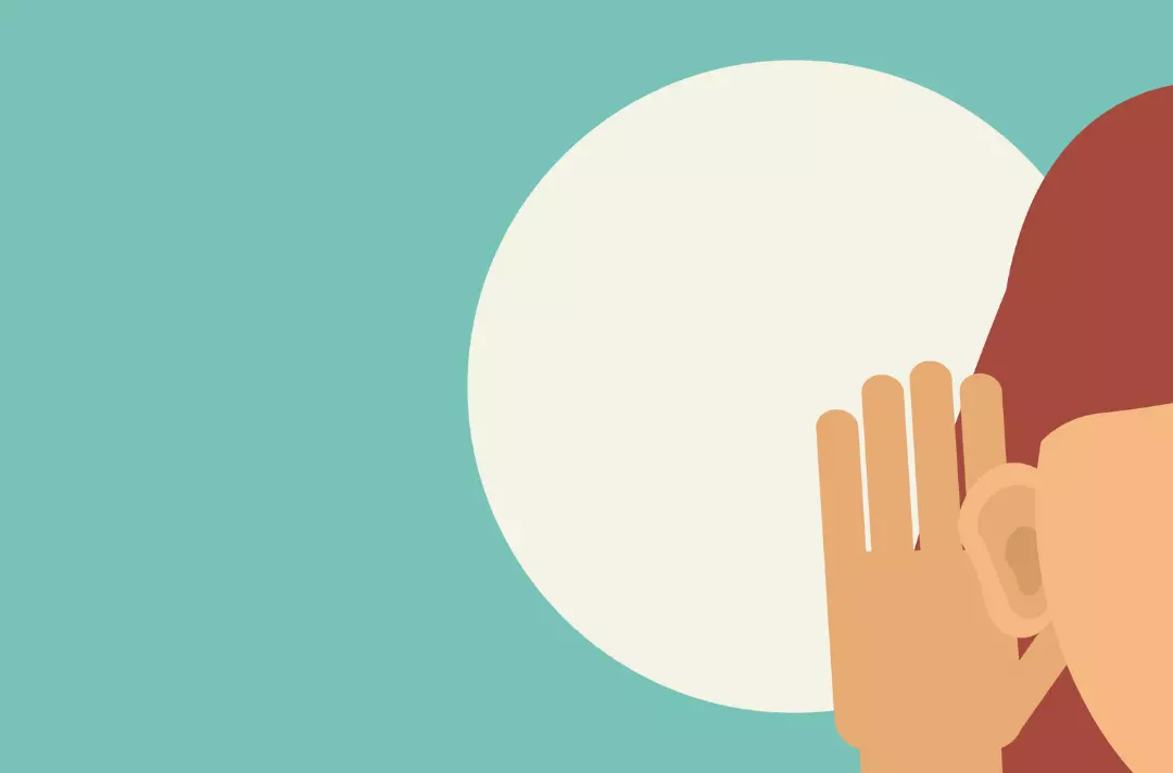 A graphic shows a young person holding their hand up to their ear.