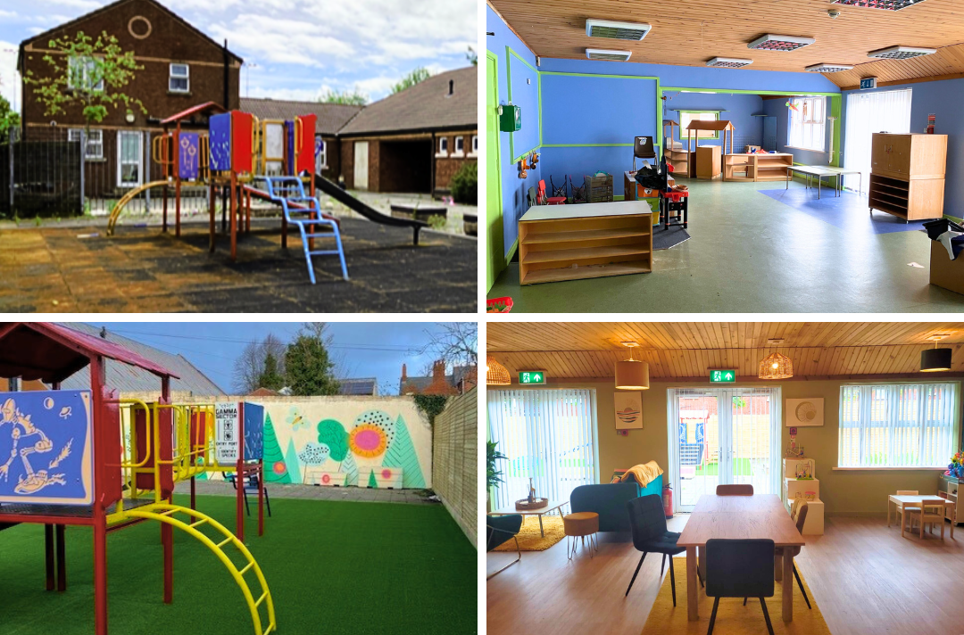 Four photos show (from top left to bottom right): A dilapidated children's play area. A functional room painted in baby blue and lime green. The same children's play area, but renovated, with bright illustrations adorning a back wall. The same functional room, but decorated in a way that resembles a warm, casual café.