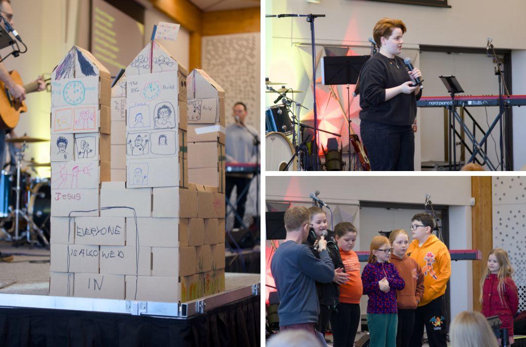 A collage of three photos from Belonging and Believing: The first is of a building made out of cardboard boxes made by children, illustrated with words and drawings - the following text is clearly visible: 'Everyone is allowed in'; the second is of a teenager speaking to the delegates from the platform; the third is of a children's worker interviewing a group of children on the platform