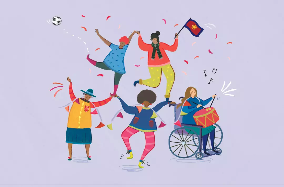 An illustration of five women of different ethnicities - one is playing a drum and sitting in a wheelchair, another is waving a Salvation Army flag two are dancing and another is kicking a football