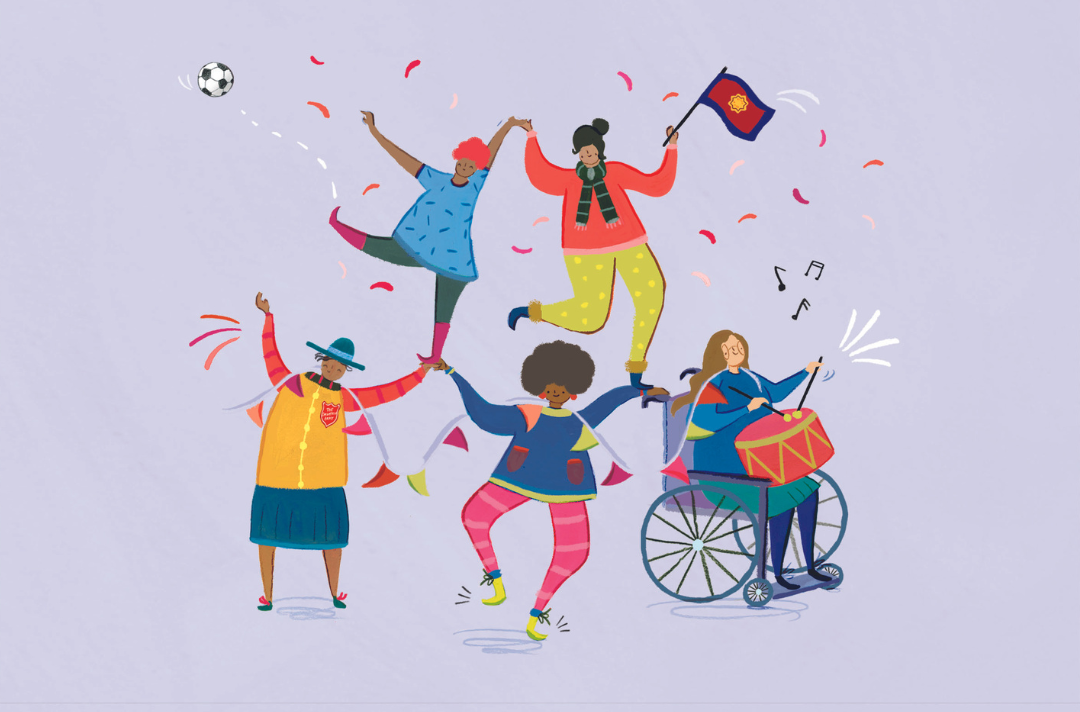 An illustration of five women of different ethnicities - one is playing a drum and sitting in a wheelchair, another is waving a Salvation Army flag two are dancing and another is kicking a football