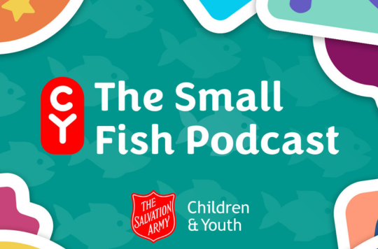 small fish podcast logo with stickers