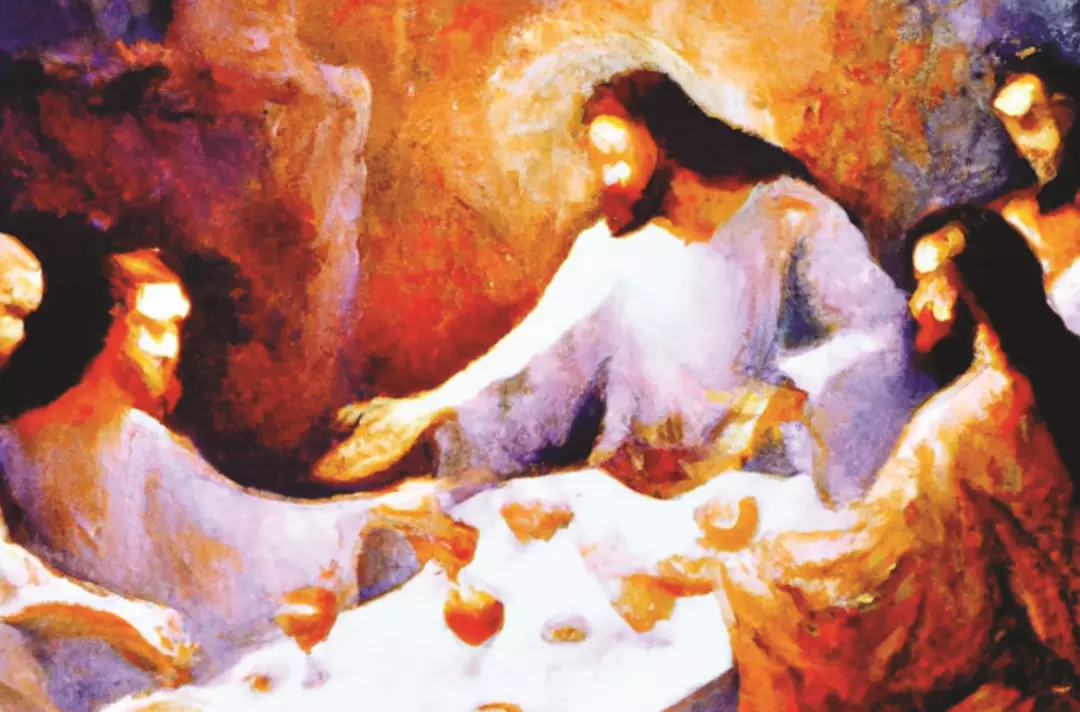 An image shows a depiction of the last supper created by artificial intelligence in an impressionist style.