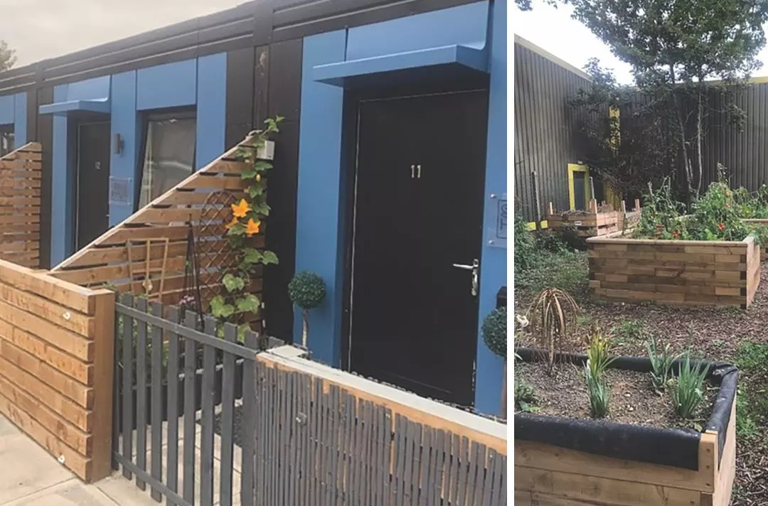 A collage of two photos from Basildon: one of the modern front doors of the SoloHous homes with little gardens and gates, and another of the garden project featuring raised beds with plants and flowers