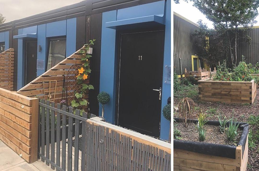 A collage of two photos from Basildon: one of the modern front doors of the SoloHous homes with little gardens and gates, and another of the garden project featuring raised beds with plants and flowers 