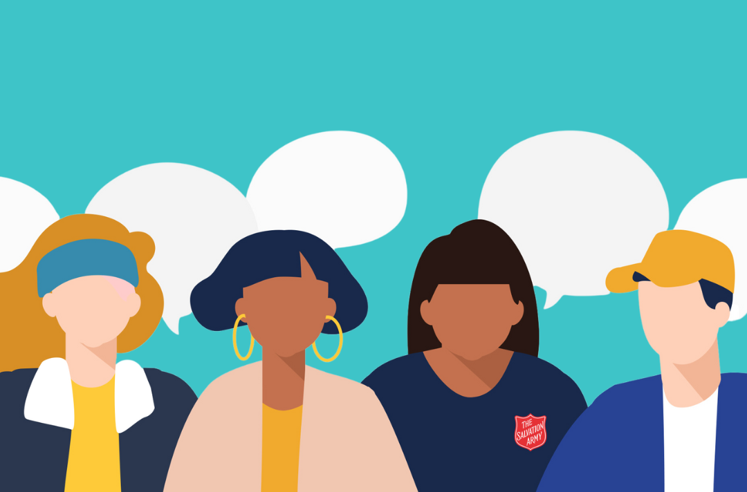 An illustration shows four people with speech bubbles.