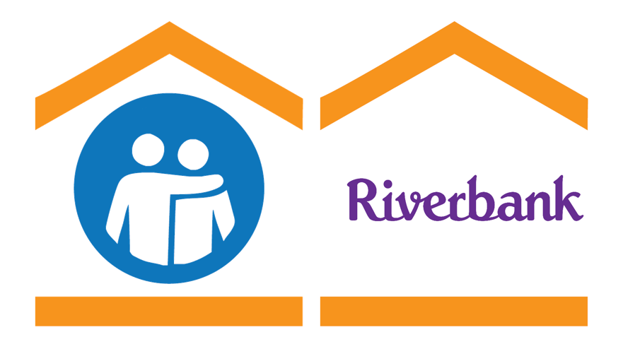 A logo showing the word Riverbank in purple and cursive, inside a simplified drawing of a house.