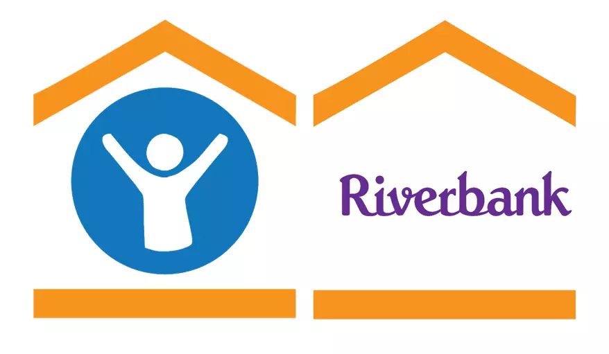 A logo showing the word Riverbank in purple and cursive, inside a simplified drawing of a house.