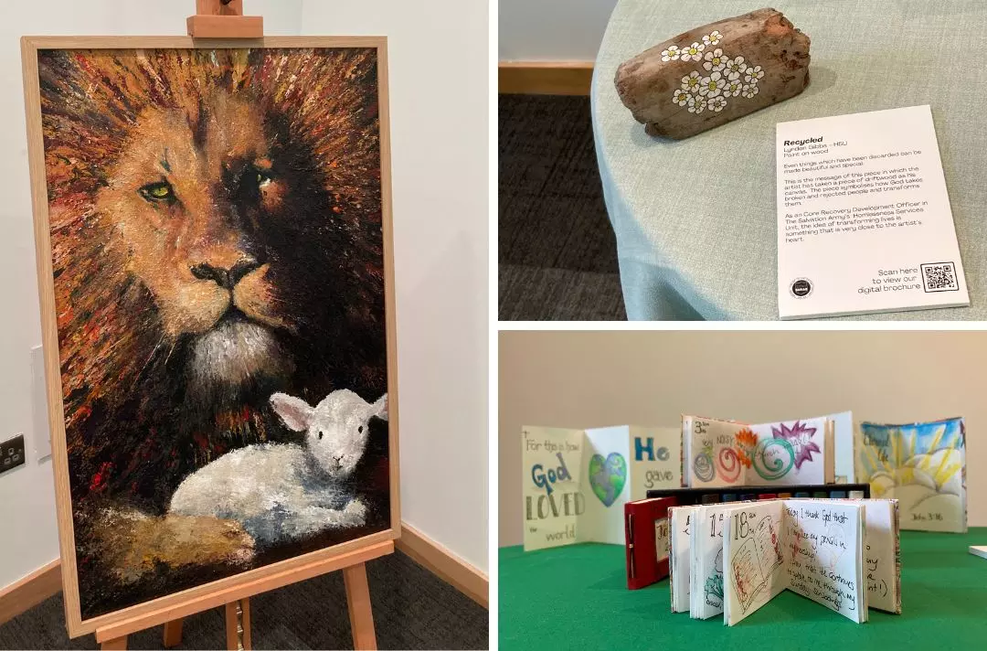 A collage of artworks in the Together art gallery, including a painting of flowers on a piece of recycled wood