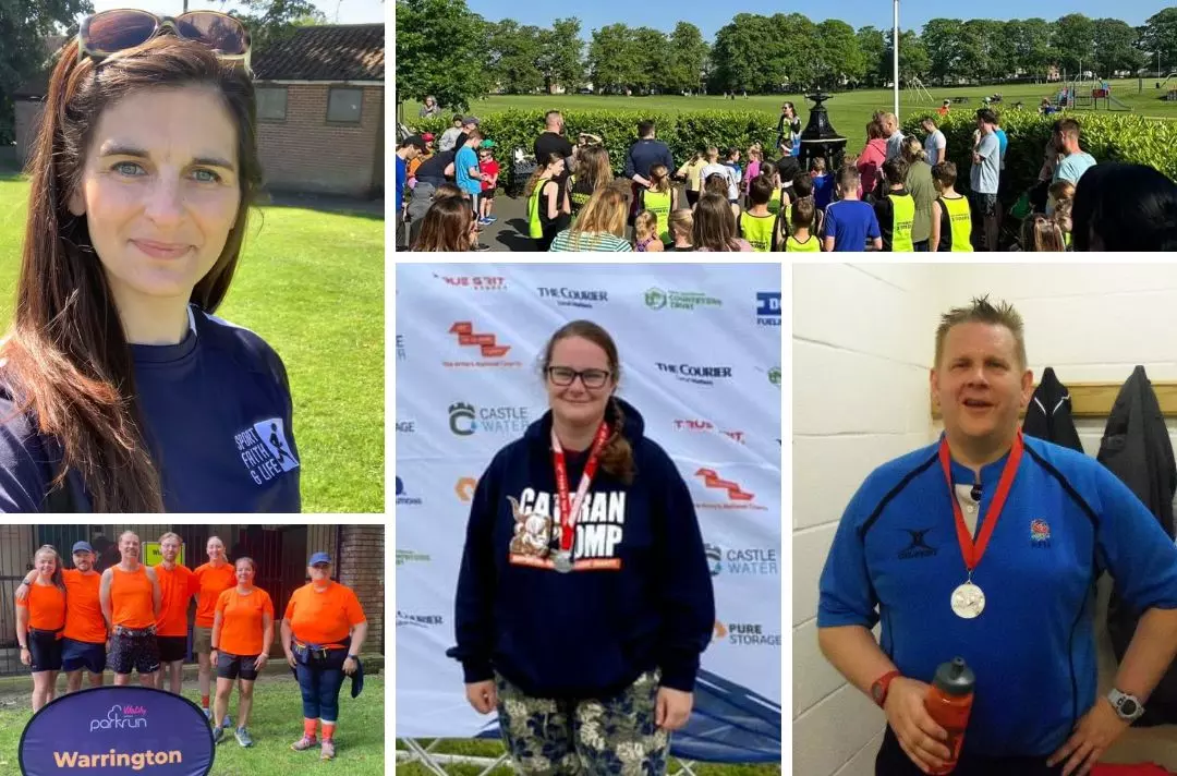 A collage of three photos Salvationists in sports outfits and two group photos of people a Parkrun events