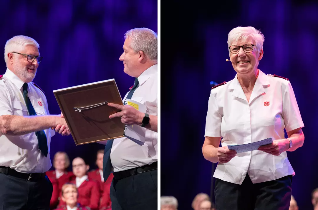 Two photos from Together 2024 show Major David Emery receiving a certificate from Commissioner Paul Main, and Commissioner Jenine Main speaking.