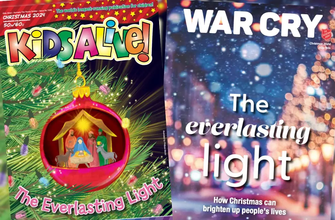 The front covers of War Cry and Kids Alive for Christmas 2024 featuring the words Everlasting Light