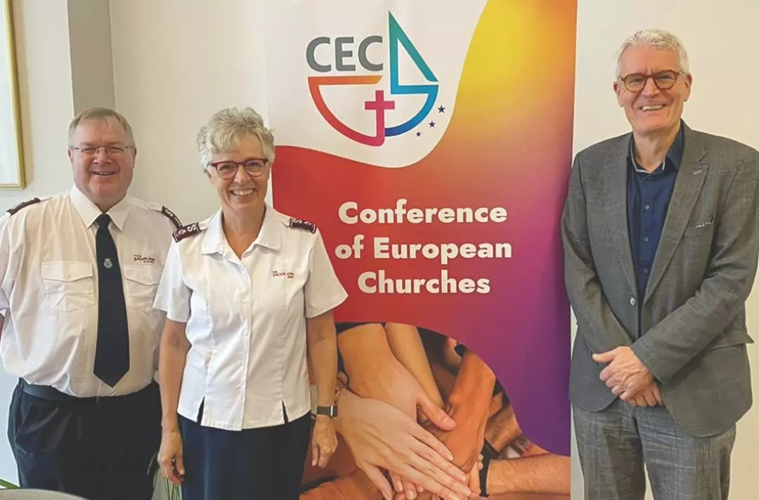 A photo of Commissioner Vibeke Krommenhoek and Territorial Ecumenical Officer Major Paul Robinson at the CEC office