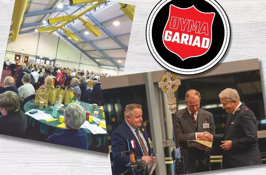 Two photos show the Wales 150 launch event and the gifting of Y Gad Lef.