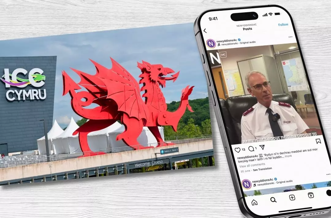 A photo shows the ICC Wales and a phone displaying a Salvation Army news article.
