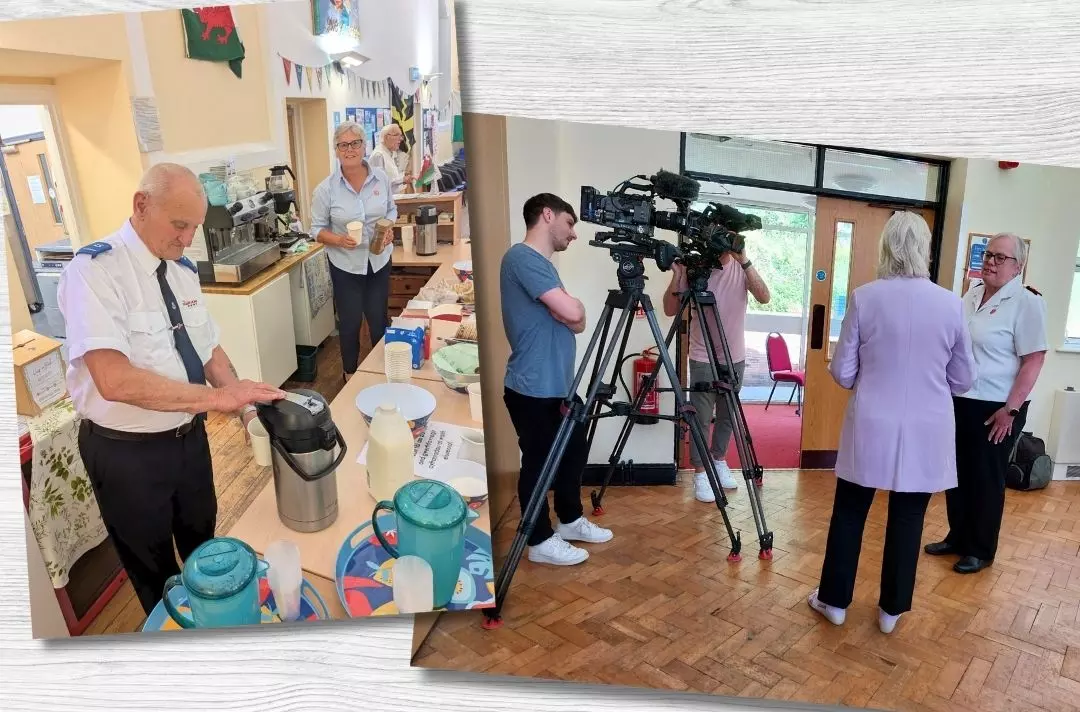 Two photos show the National Eisteddfod and the filming of Songs of Praise.