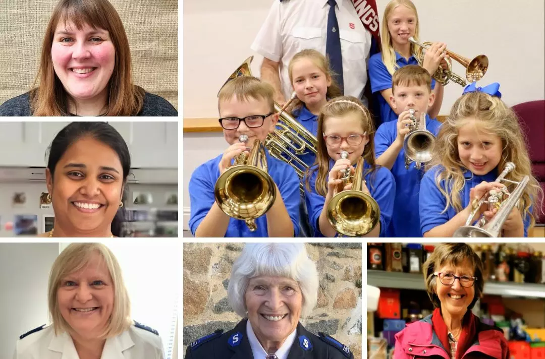 Five photos show people smiling at the camera. A sixth photo shows Winton Young People's Band posing for a group photo.