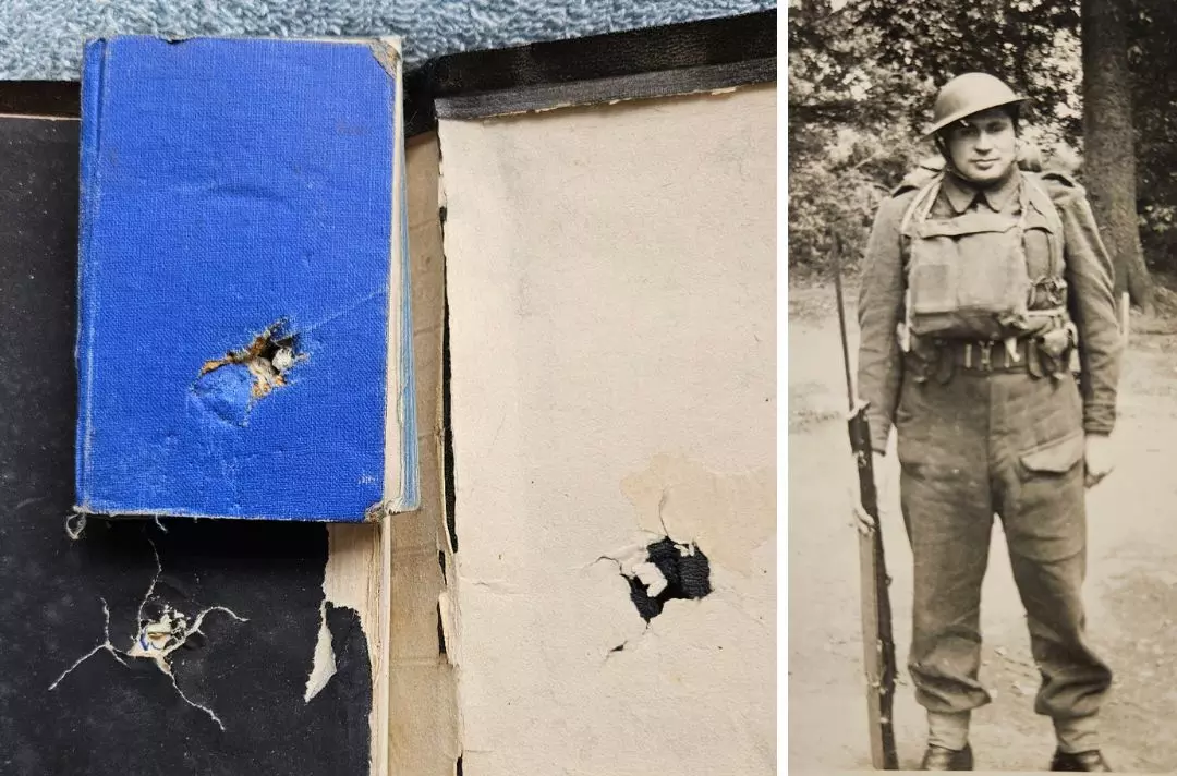 Two photos show 1) A Bible with a bullet hole 2) Uncle Jack in his military uniform.
