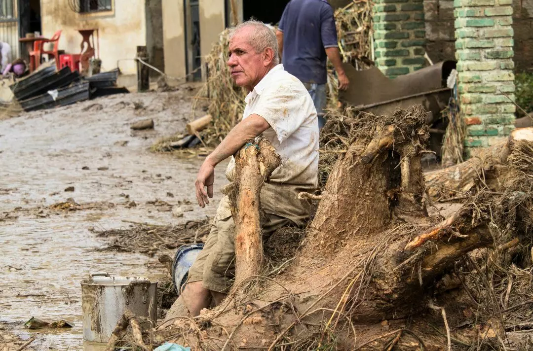A photo shows someone sat on a torn up tree in a flood-ruined town.