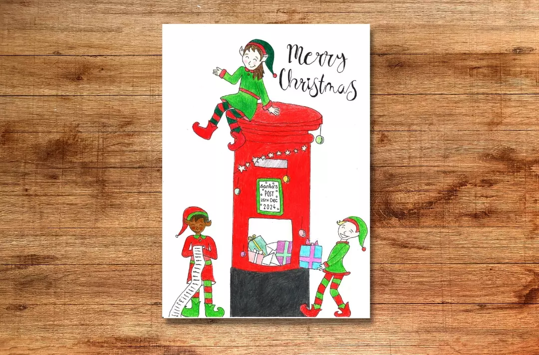 A graphic shows a drawing of three elves interacting with a post box filled with gifts.