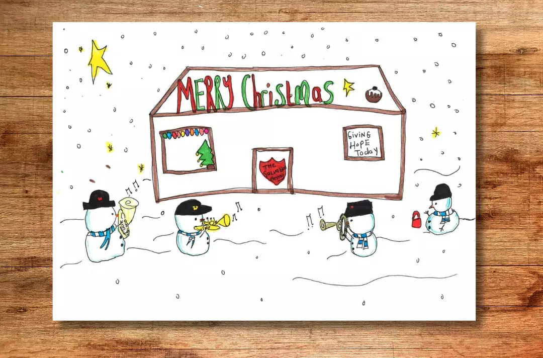 A graphic shows a drawing of four snowmen in Salvation Army hats playing brass instruments and collecting around a Salvation Army building.