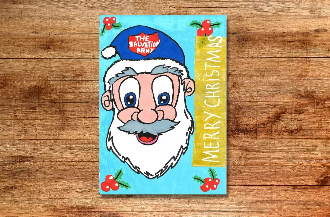 A graphic shows a drawing of Father Christmas wearing a blue Santa hat displaying the Salvation Army shield.