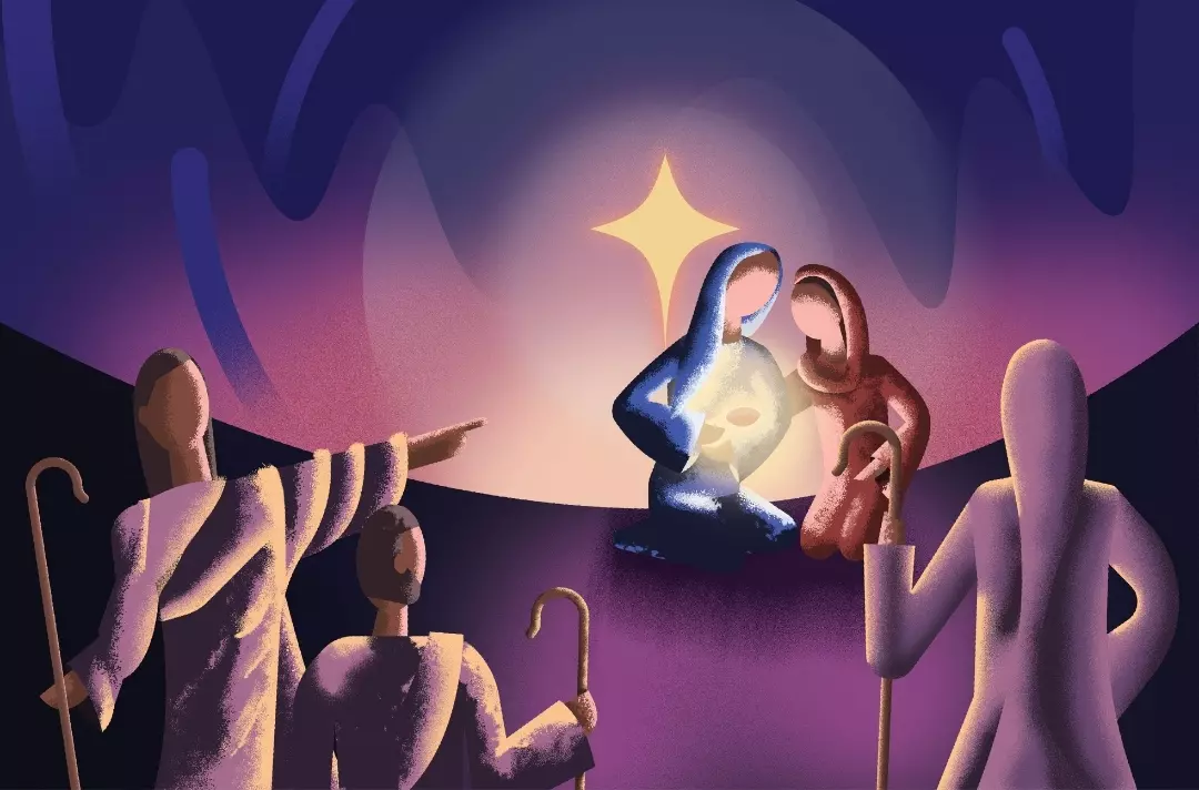 An illustration shows shepherds finding Mary, Joseph and the baby Jesus.