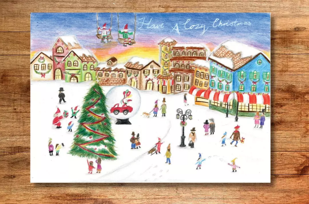 A graphic shows a drawing of a beautiful snowy scene set in a town.