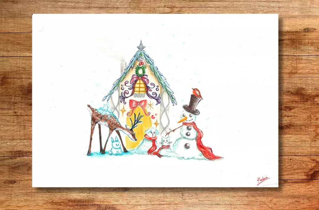 A graphic shows a drawing of a snowman and deer outside a small decorative house.