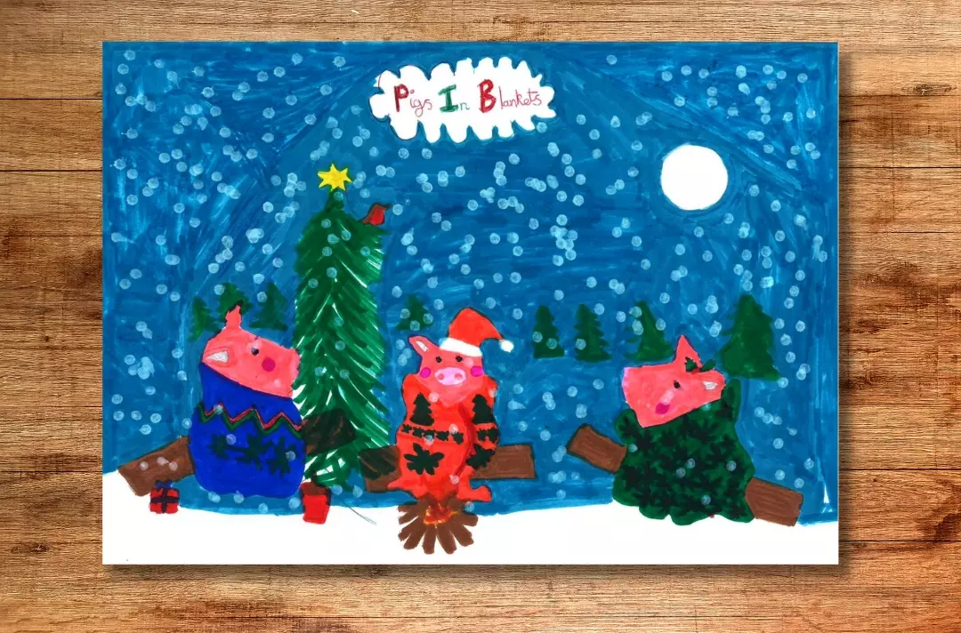 A graphic shows a drawing to three pigs sat around a campfire on a snowy day.