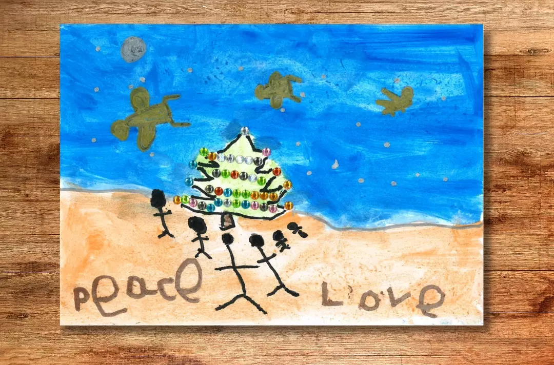 A graphic shows a piece of art displaying people standing around a Christmas tree with angels flying overhead. "Peace" and "Love" are written in big letters.