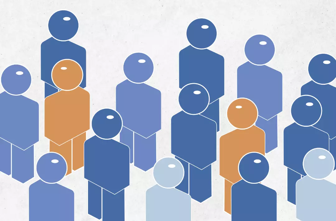 A graphic shows lots of purple figures with the occasional yellow figure.
