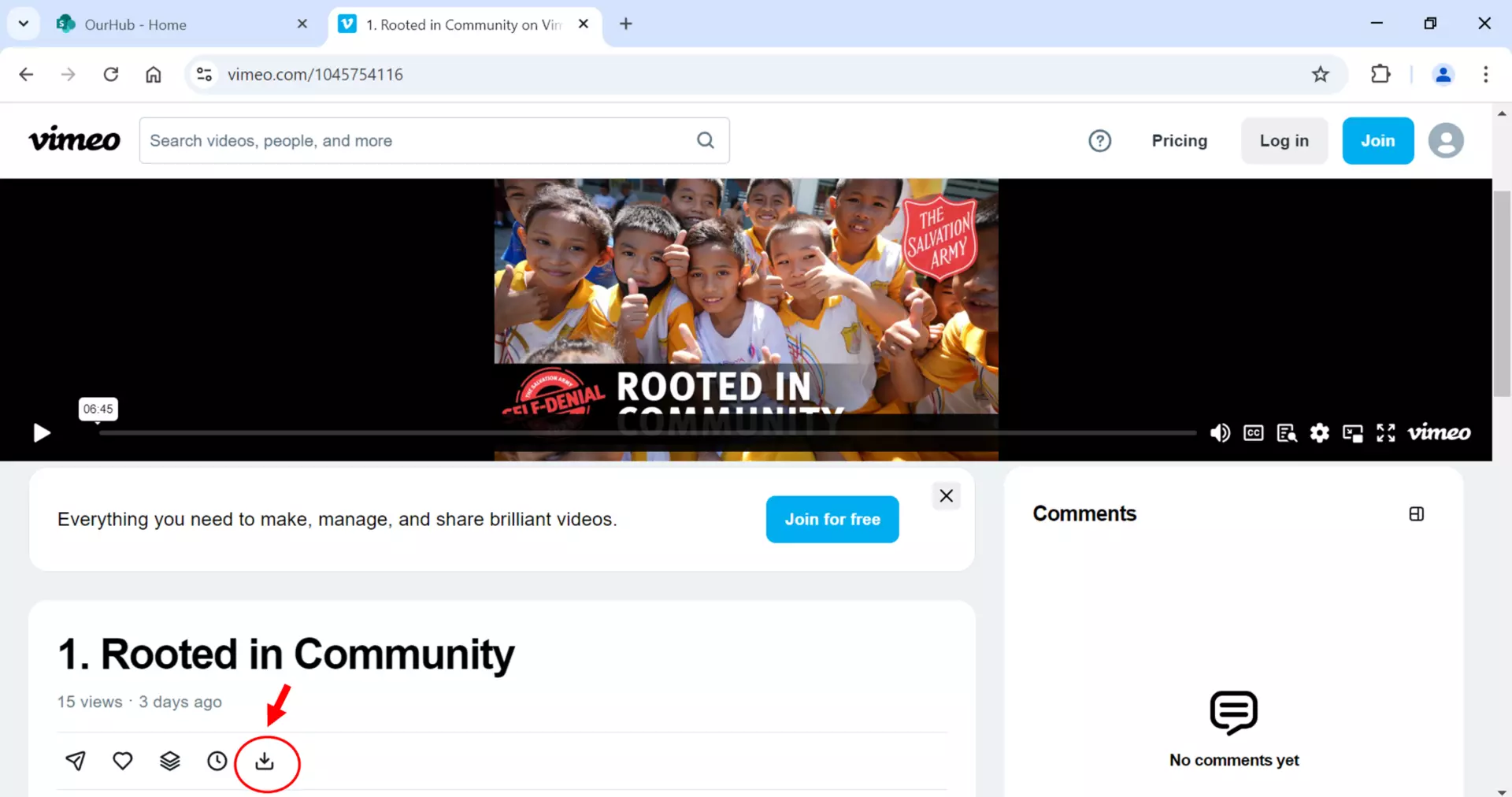 Screenshot of the website with a red circle around the download button