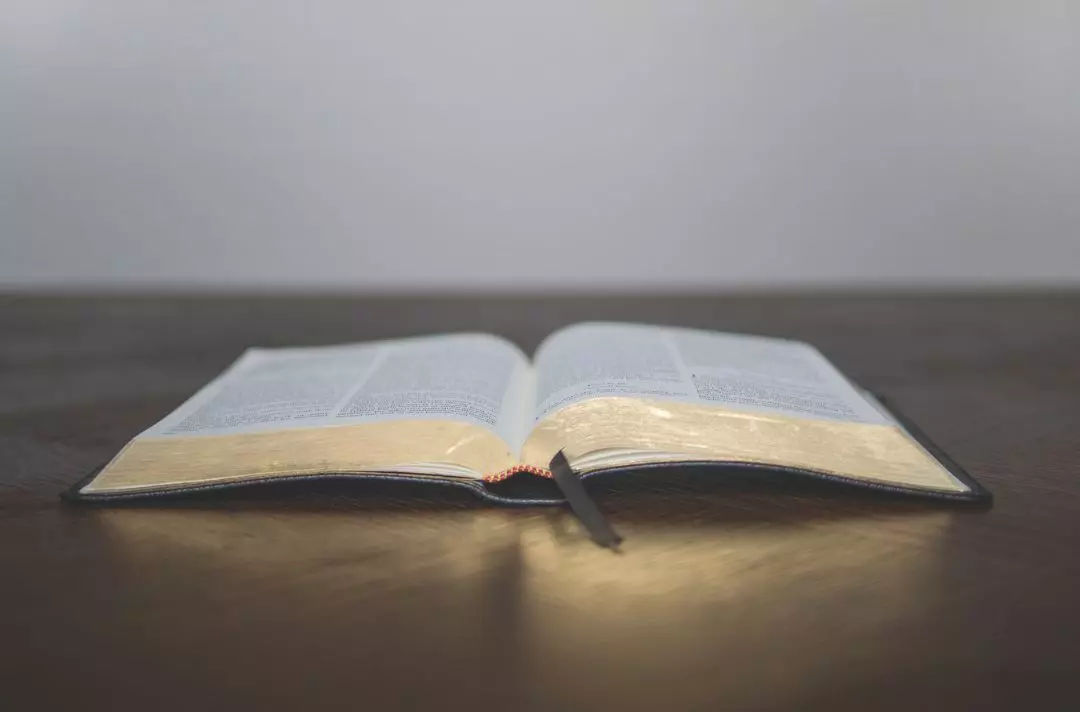 An open Bible on a wooden table
