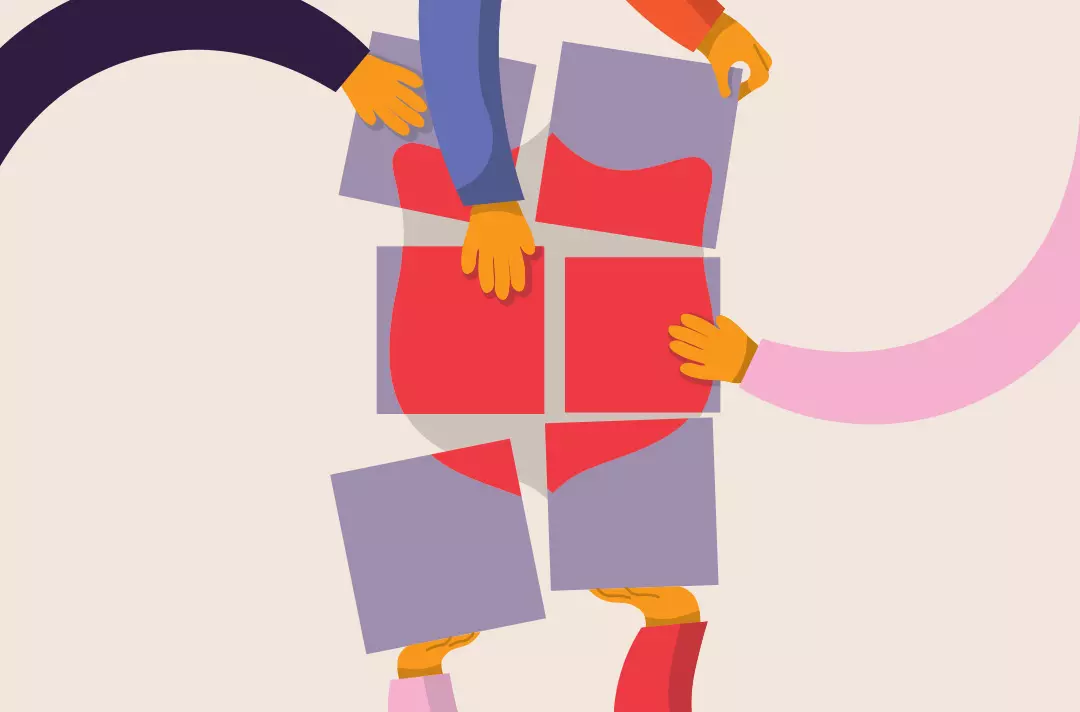 A digital illustration of diverse hands putting together a puzzle of The Salvation Army red shield