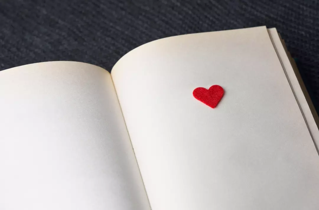 A photo shows a red felt heart on a blank page of a book.