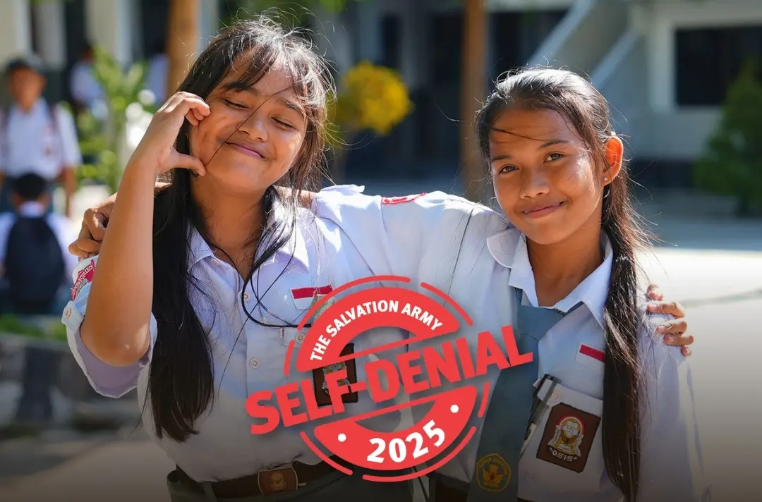 A photo shows two young people from Indonesia posing for the camera, with the 2025 Self-Denial logo overlayed.