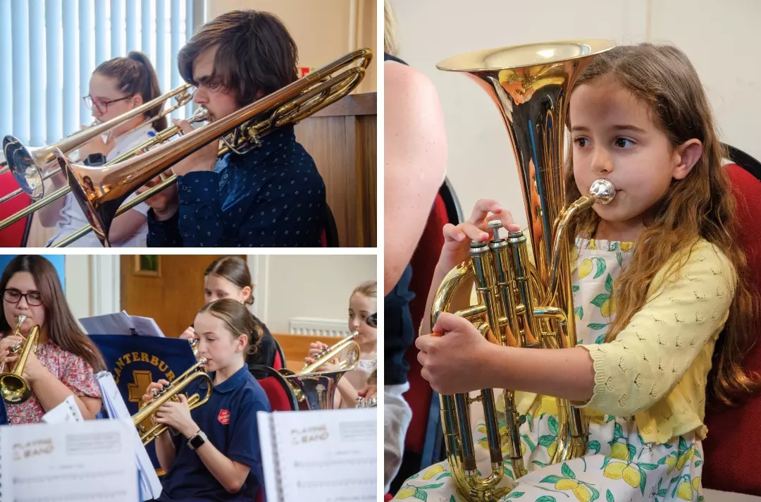 Three photos shows brass learners from Canterbury Corps.