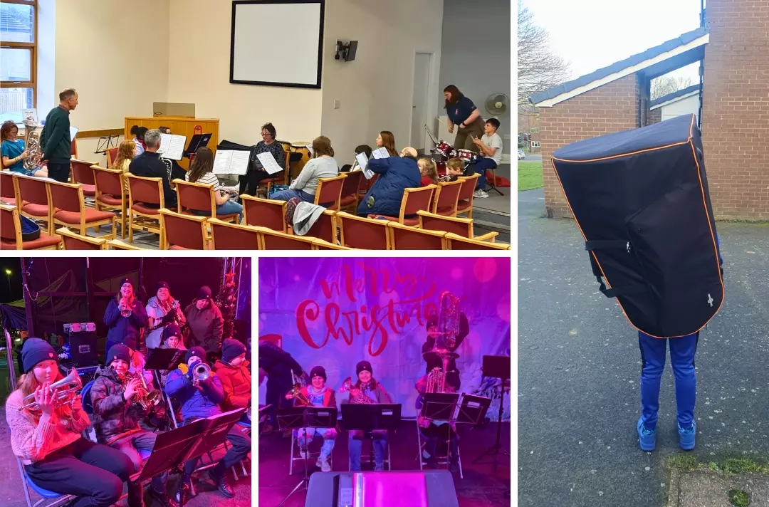 Four photos show scenes from Leeds Bradley. The photo on the right shows Joash standing with almost his entire body inside his tuba case.