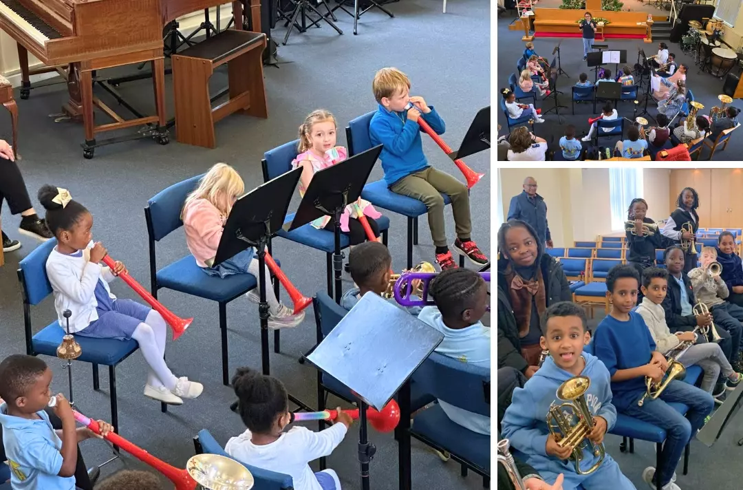 Three photos show scenes from Leeds Central. The photo on the left shows young children playing pBuzz, which is a long plastic tube with a brass instrument style mouthpiece.
