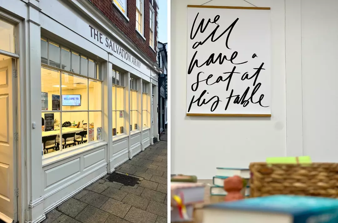 Two photos show scenes from Faversham. One photo shows the outside of the building. The other photo shows a stylised rendering of the phrase: We all have a seat at this table.