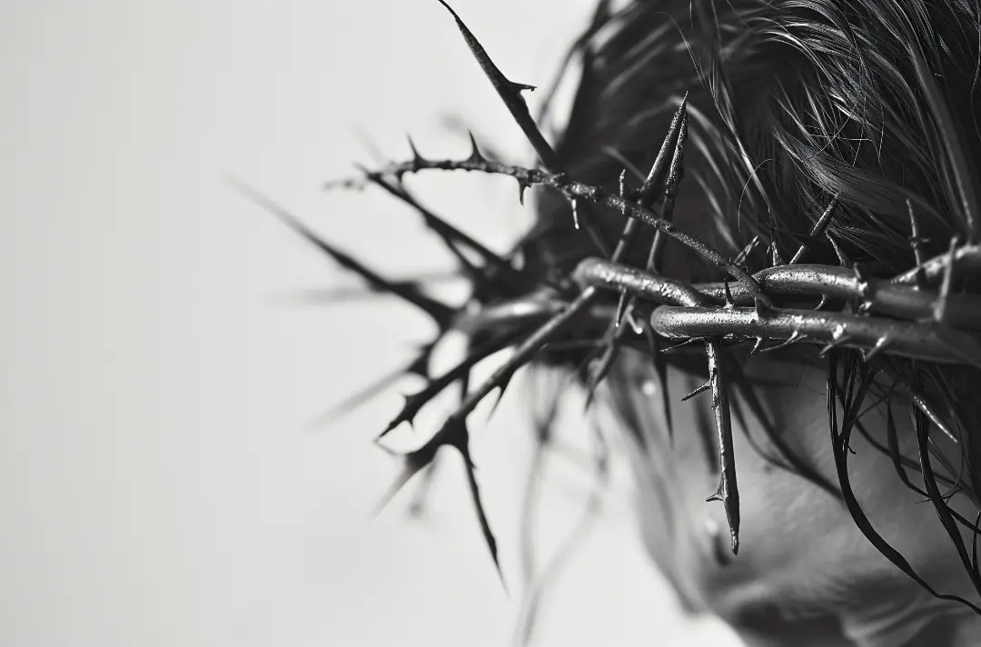 A photo shows a greyscale close-up view of Jesus' forehead with a crown of thorns.