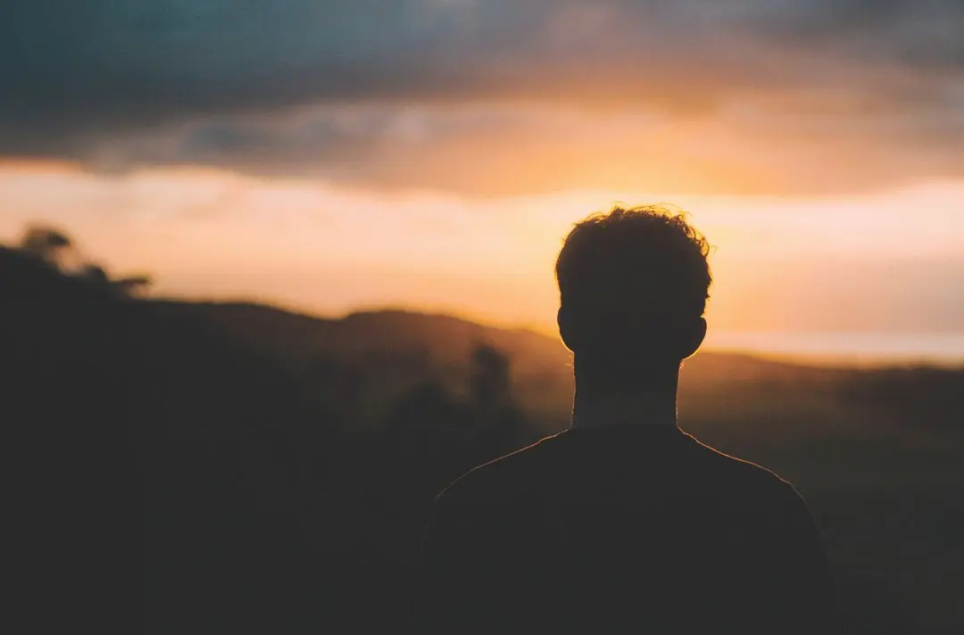 A man looks out upon shadowy hills at sundown.