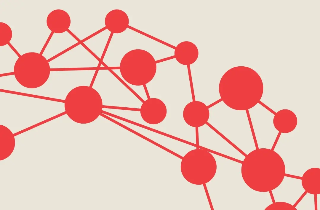 A graphic shows a network of interconnected red dots against a grey background.