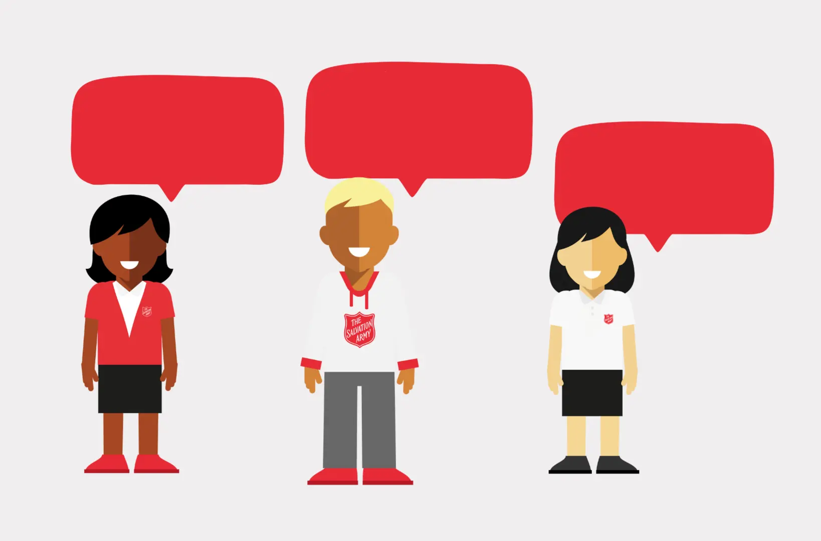 three cartoon characters on a grey background, each with red speech bubbles above them