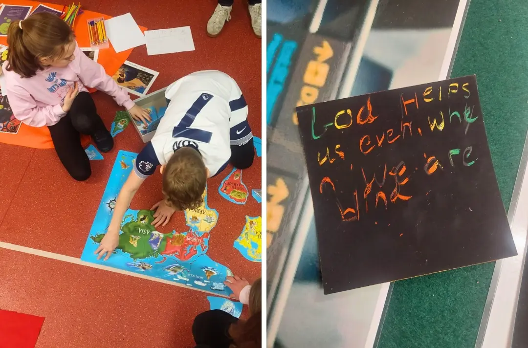 Two photos show young people from the East of England Division engaging in activities during Design for Life for Children sessions.
