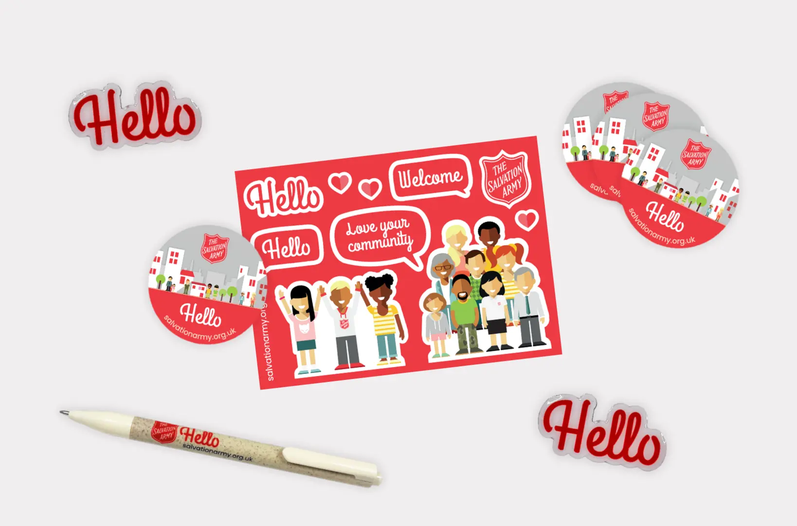 a selection of Salvation Army giveaways, on a light grey background